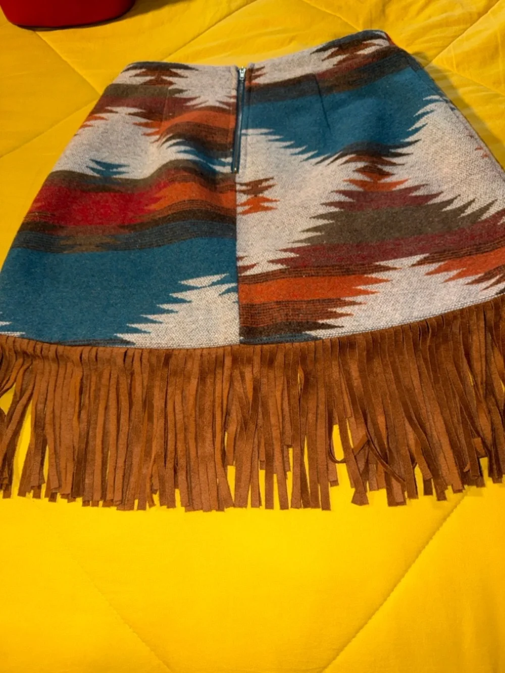 Main Strip Southwestern Fringe Mini Skirt in Turquoise, Brown & Orange - Picture 2 of 2